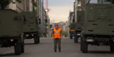 Belgian soldier checking traffic