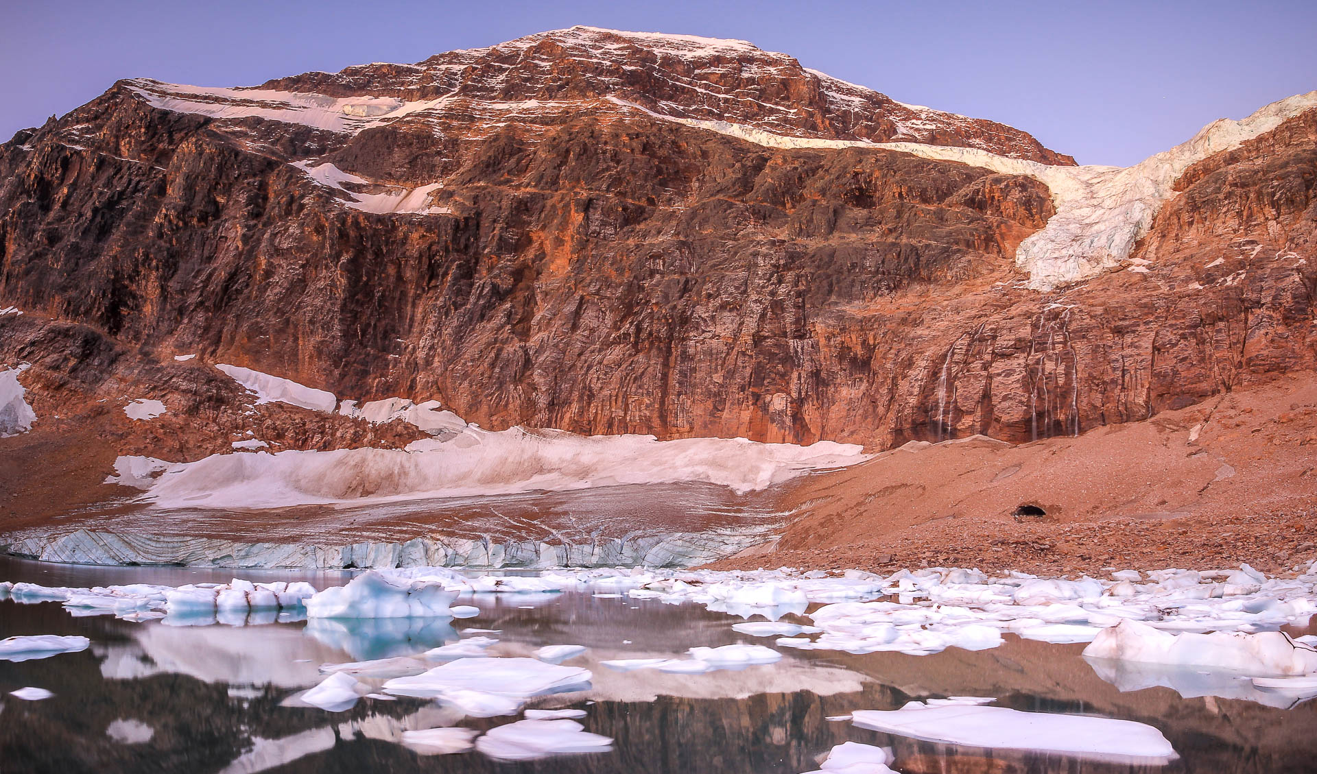Dawn at the foot of Mont Edit Cavell and Angel Glacier